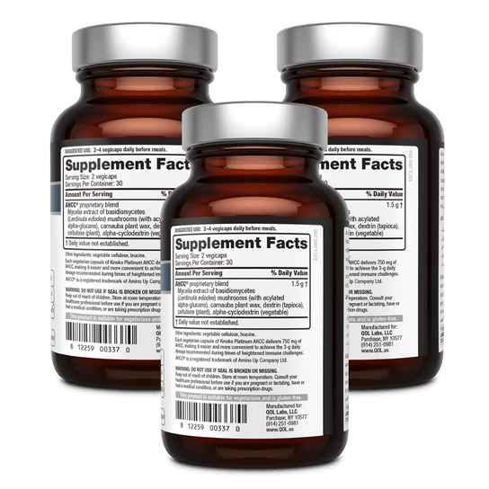 AHCC® - Kinoko Platinum - 60 count bottle supplement facts - 3 pack bundle